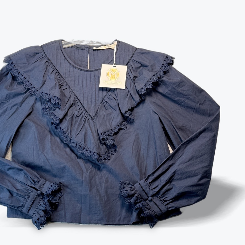 Marie Oliver Ruffle Blouse Blue Carissa Top Ruffle Lace Pintuck Blouse Small NEW - Picture 1 of 8